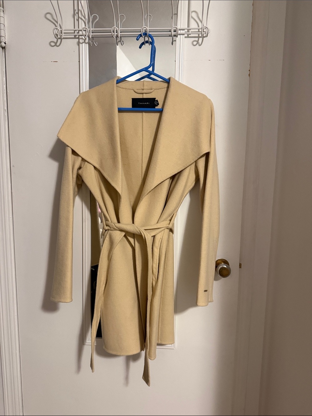 Tahari Cream Open-Front Belted Coatigan